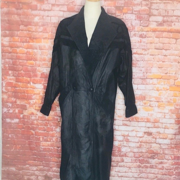 Vintage Y2K  Wilsons Leather Black Paisley Patchwork Long Maxi Trench Coat - Picture 1 of 12
